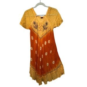 Jackpot‎ Orange Yellow Tie Dye Handkerchief Dress Boho Floral Lace Up Size M